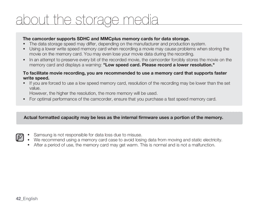 Samsung SMX-C13LN, SMX-C14GN, SMX-C14RN, SMX-C13RN, SMX-C14LN, SMX-C13GN, SMX-C10GN user manual 42English 