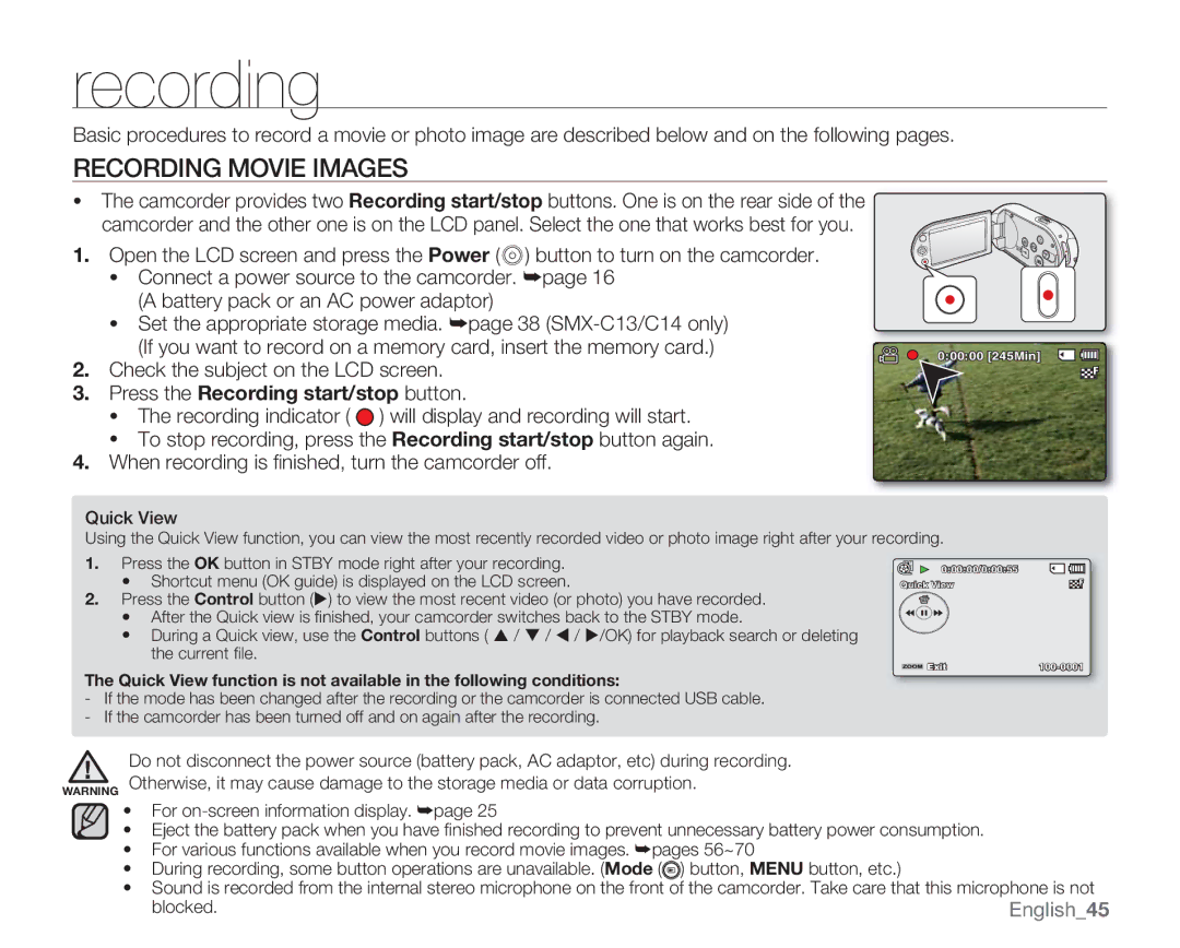 Samsung SMX-C14GN, SMX-C14RN, SMX-C13RN, SMX-C14LN, SMX-C13GN, SMX-C13LN, SMX-C10GN user manual Recording Movie Images 