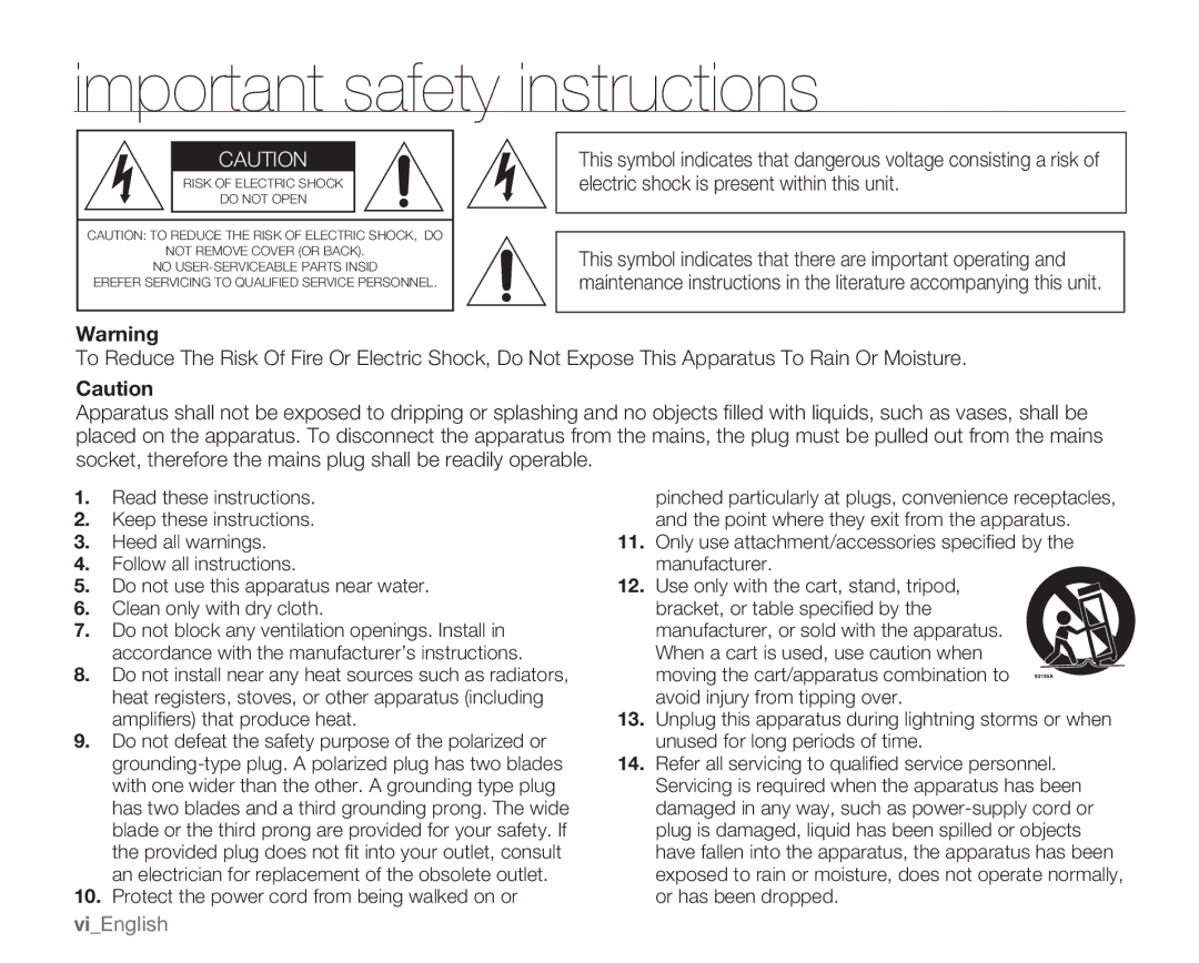 Samsung SMX-C13LN, SMX-C14GN, SMX-C14RN, SMX-C13RN, SMX-C14LN, SMX-C13GN, SMX-C10 Important safety instructions, ViEnglish 