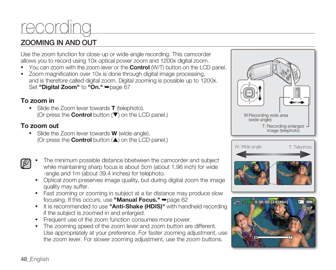 Samsung SMX-C13RN, SMX-C14GN, SMX-C14RN, SMX-C14LN, SMX-C13GN, SMX-C13LN, SMX-C10GN user manual Zooming in and OUT, 48English 