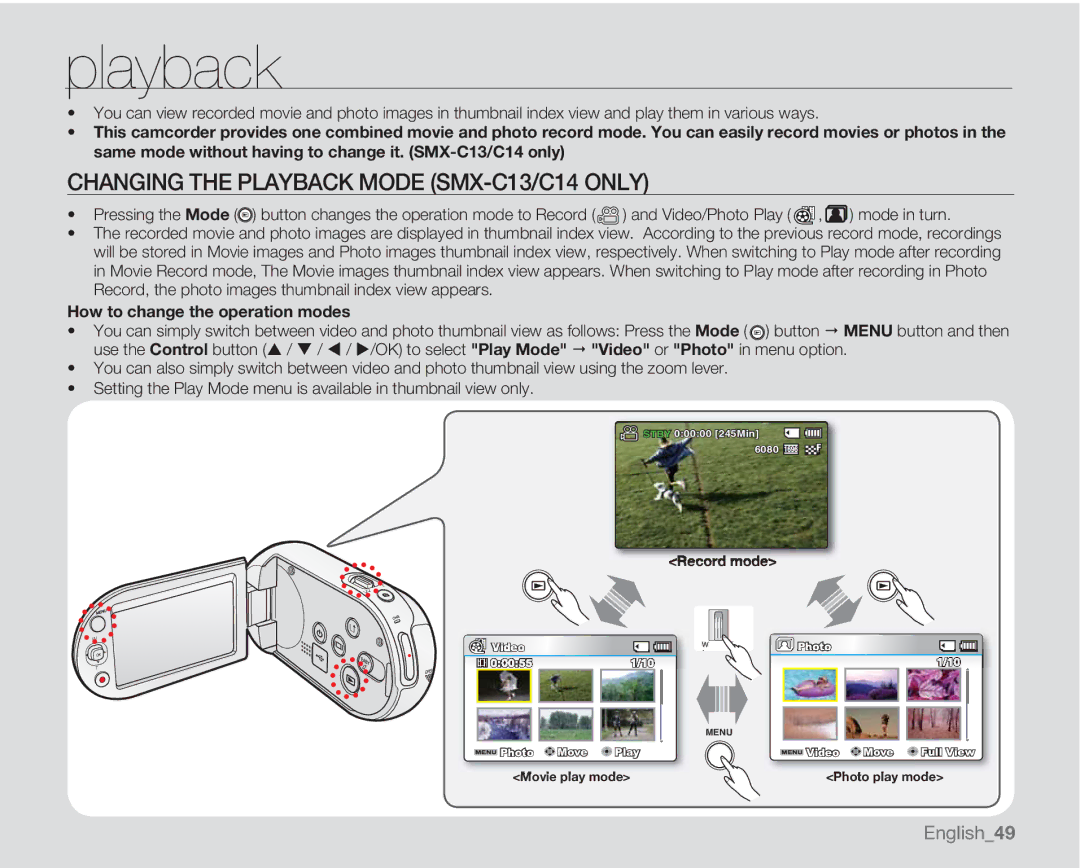 Samsung SMX-C14GN, SMX-C14RN, SMX-C13RN, SMX-C14LN, SMX-C13GN Changing the Playback Mode SMX-C13/C14 only, English49 