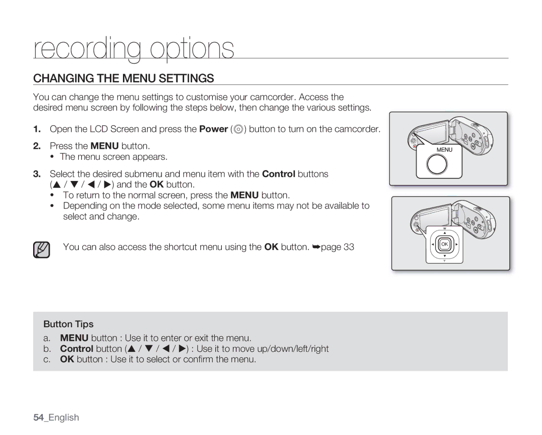 Samsung SMX-C10GN, SMX-C14GN, SMX-C14RN, SMX-C13RN, SMX-C14LN Recording options, Changing the Menu Settings, 54English 