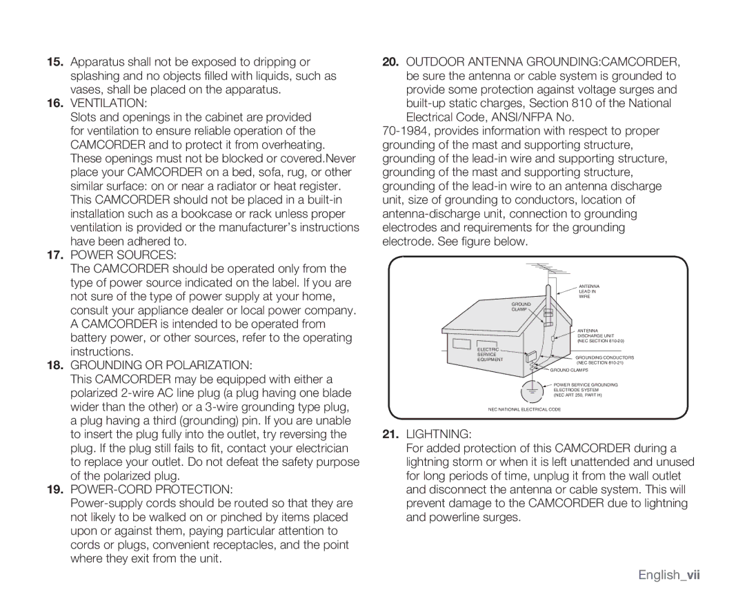 Samsung SMX-C14GN, SMX-C14RN, SMX-C13RN, SMX-C14LN, SMX-C13GN, SMX-C13LN, SMX-C10GN user manual Englishvii, Ventilation 