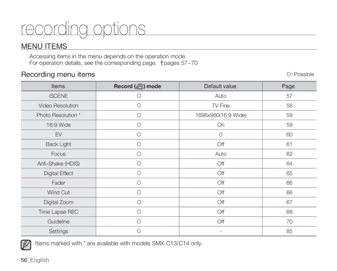 Samsung SMX-C14GN, SMX-C14RN, SMX-C13RN, SMX-C14LN, SMX-C13GN, SMX-C13LN, SMX-C10 Menu Items, Recording menu items, 56English 