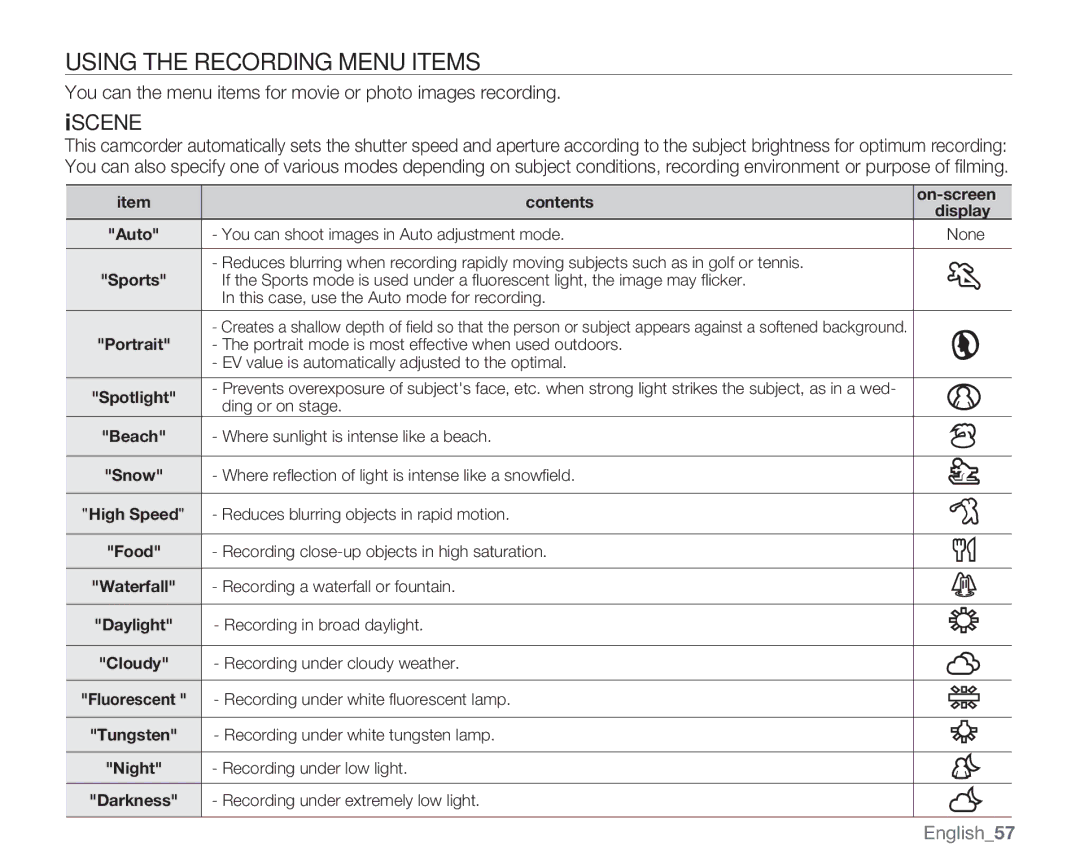 Samsung SMX-C14RN, SMX-C14GN, SMX-C13RN, SMX-C14LN, SMX-C13GN, SMX-C13LN Using the Recording Menu Items, Iscene, English57 