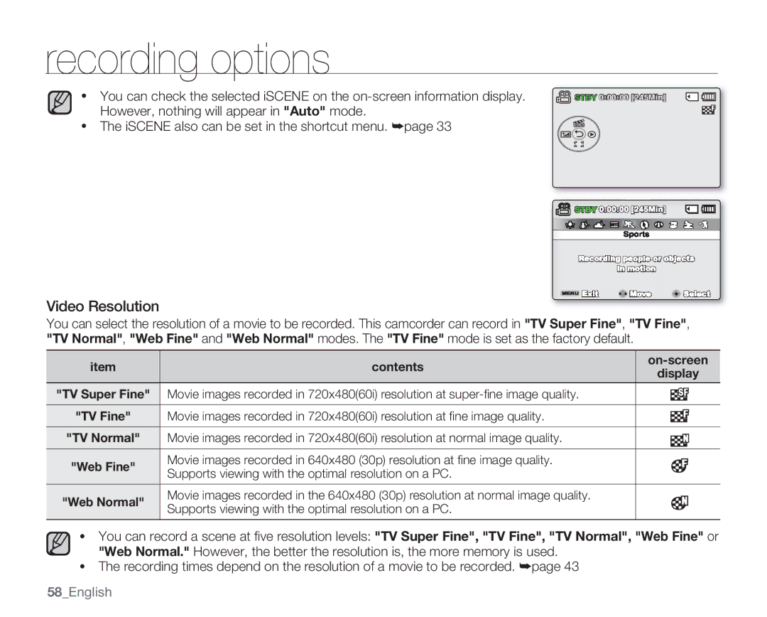 Samsung SMX-C13RN, SMX-C14GN, SMX-C14RN, SMX-C14LN, SMX-C13GN, SMX-C13LN, SMX-C10GN user manual Video Resolution, 58English 