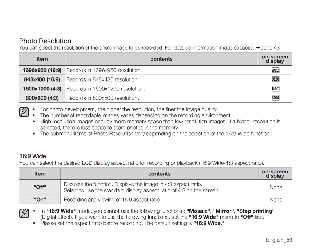 Samsung SMX-C14GN, SMX-C14RN, SMX-C13RN, SMX-C14LN, SMX-C13GN, SMX-C13LN, SMX-C10GN user manual Photo Resolution 