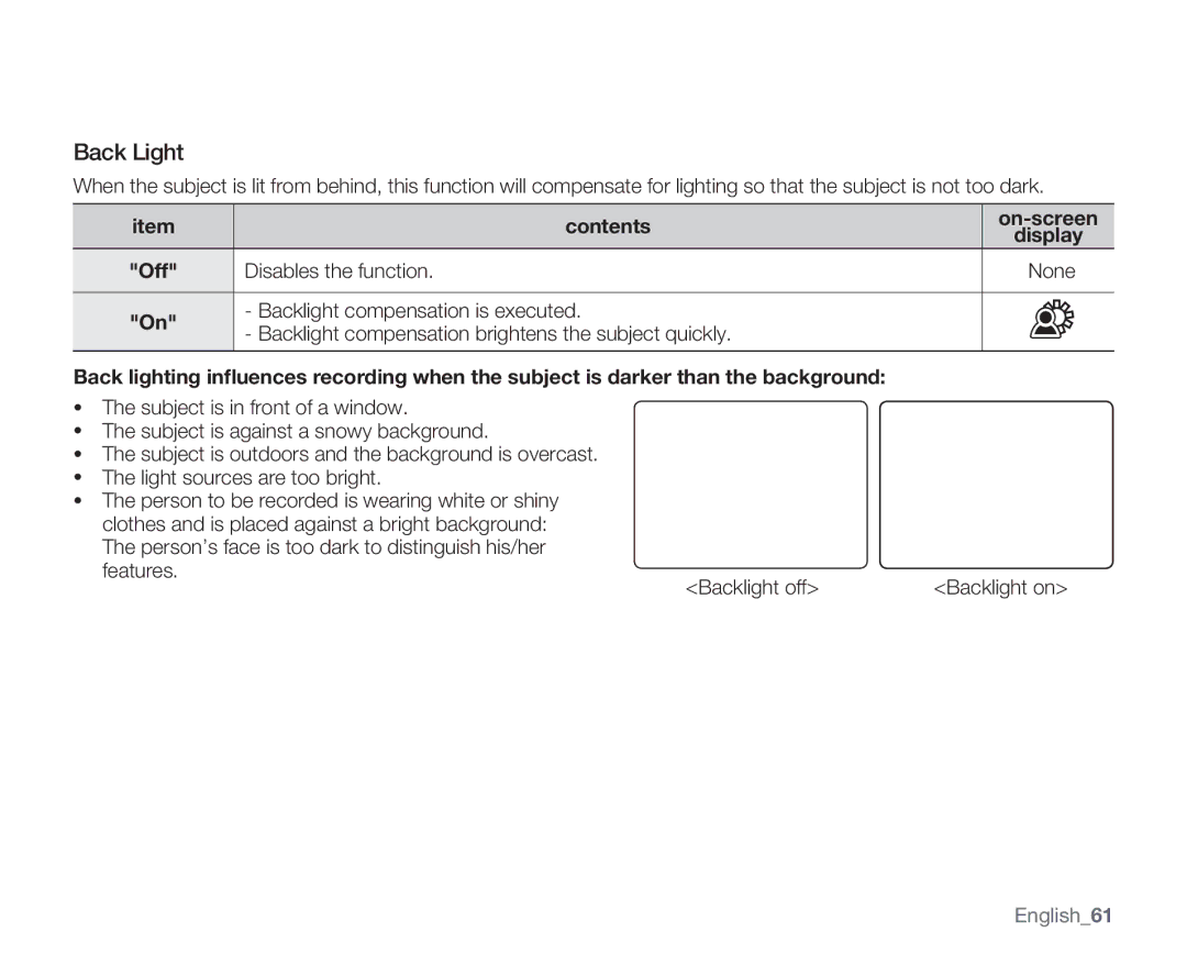 Samsung SMX-C13GN Back Light, Contents, Disables the function, Backlight compensation is executed, On-screen Display 