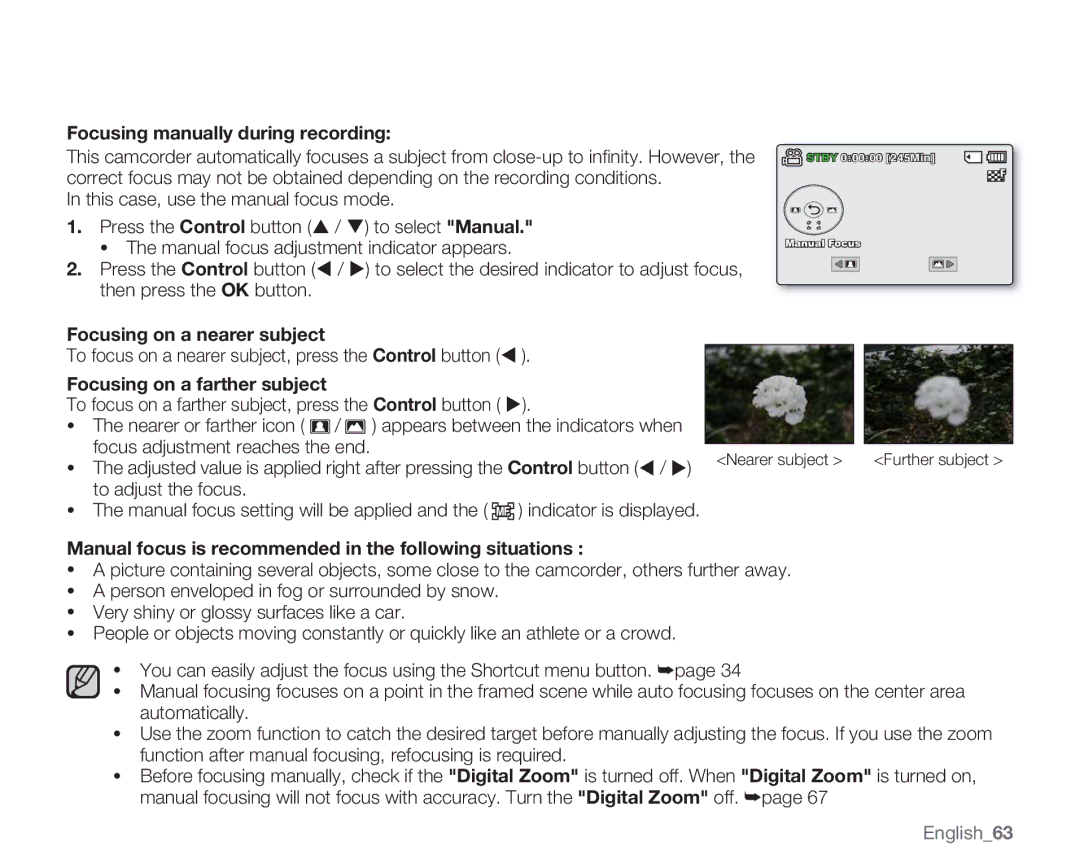 Samsung SMX-C10 Focusing manually during recording, Focusing on a nearer subject, Focusing on a farther subject, English63 