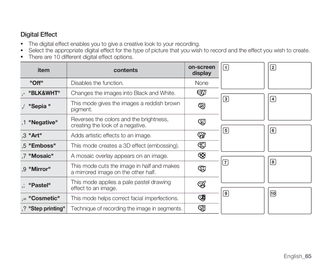 Samsung SMX-C14GN, SMX-C14RN, SMX-C13RN, SMX-C14LN, SMX-C13GN, SMX-C13LN, SMX-C10GN user manual Digital Effect 