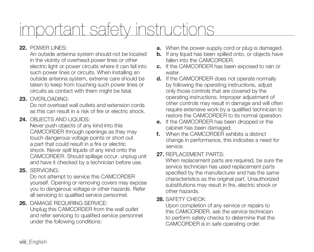 Samsung SMX-C10GN, SMX-C14GN, SMX-C14RN, SMX-C13RN, SMX-C14LN, SMX-C13GN, SMX-C13LN user manual Power Lines, ViiiEnglish 