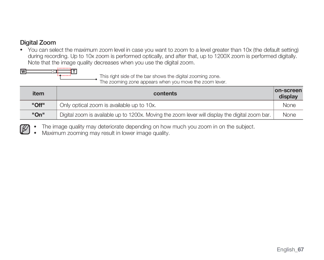 Samsung SMX-C14RN, SMX-C14GN, SMX-C13RN, SMX-C14LN Digital Zoom, Off Only optical zoom is available up to None, English67 