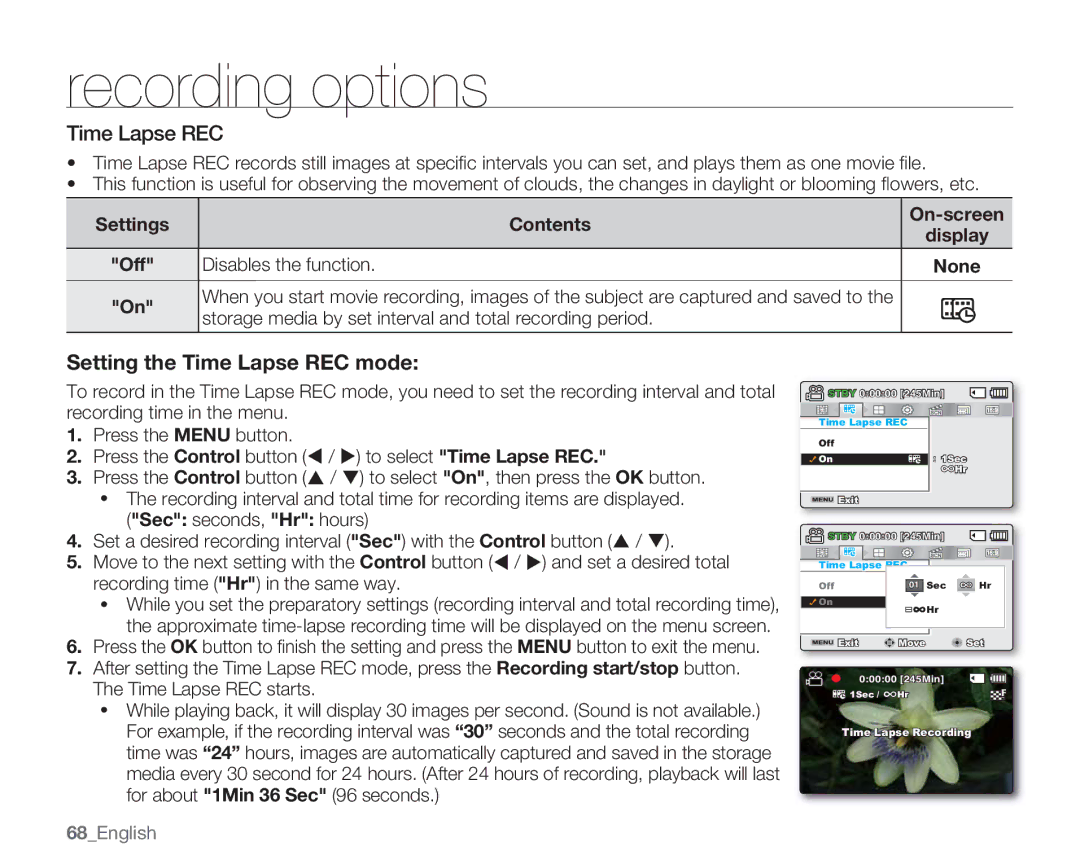 Samsung SMX-C13RN Time Lapse REC, Settings Contents On-screen, Storage media by set interval and total recording period 