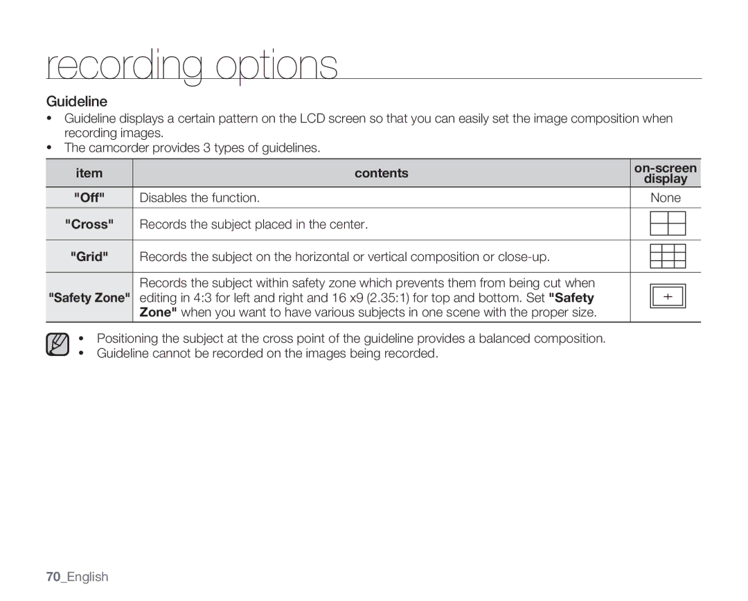 Samsung SMX-C14LN, SMX-C14GN, SMX-C14RN, SMX-C13RN, SMX-C13GN Guideline, Records the subject placed in the center, 70English 