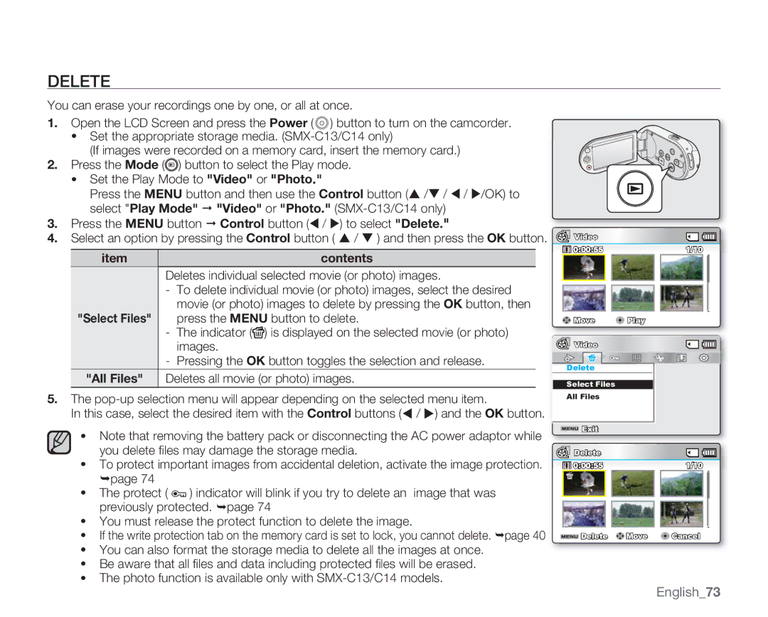 Samsung SMX-C14GN, SMX-C14RN, SMX-C13RN, SMX-C14LN, SMX-C13GN, SMX-C13LN, SMX-C10GN user manual Delete, English73 