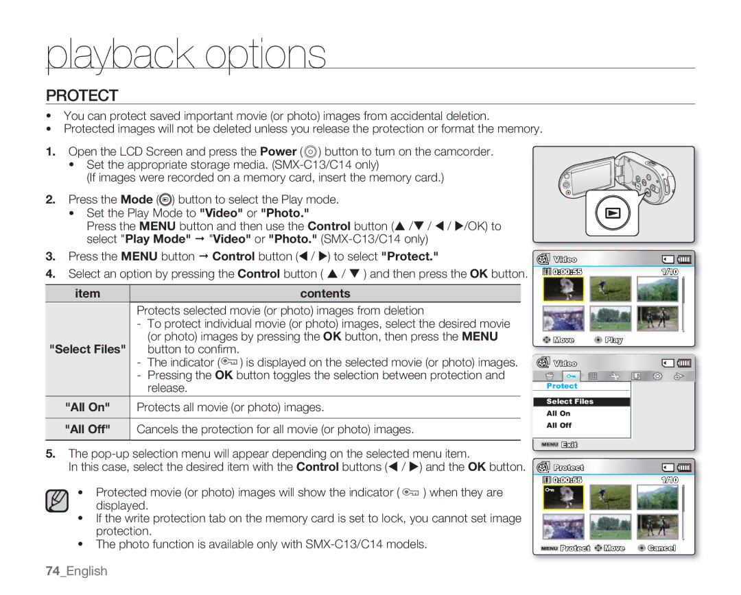 Samsung SMX-C10GN, SMX-C14GN, SMX-C14RN, SMX-C13RN, SMX-C14LN, SMX-C13GN, SMX-C13LN user manual Protect, 74English 