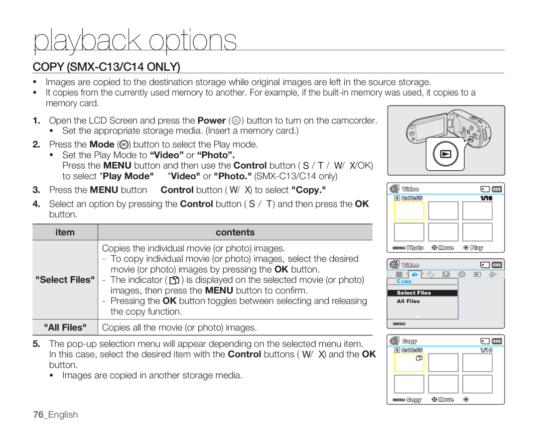 Samsung SMX-C14GN, SMX-C14RN, SMX-C13RN, SMX-C14LN, SMX-C13GN, SMX-C13LN, SMX-C10 Copy SMX-C13/C14 only, All Files, 76English 