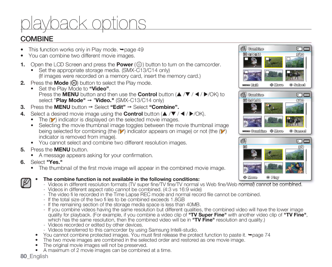 Samsung SMX-C14LN, SMX-C14GN, SMX-C14RN, SMX-C13RN, SMX-C13GN, SMX-C13LN, SMX-C10GN user manual Combine, 80English 