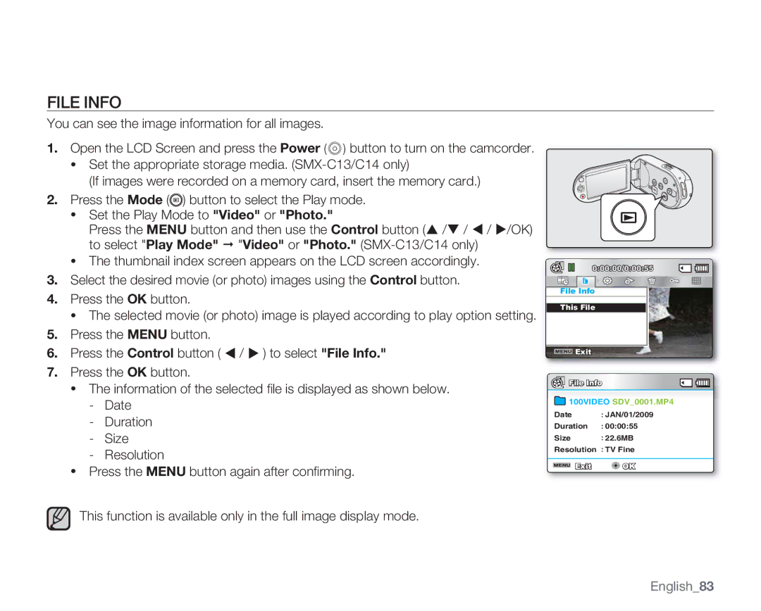 Samsung SMX-C14GN, SMX-C14RN, SMX-C13RN, SMX-C14LN, SMX-C13GN, SMX-C13LN, SMX-C10GN user manual File Info, English83 