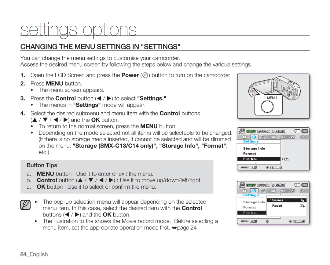 Samsung SMX-C10GN, SMX-C14GN, SMX-C14RN, SMX-C13RN Settings options, Changing the Menu Settings in Settings, 84English 