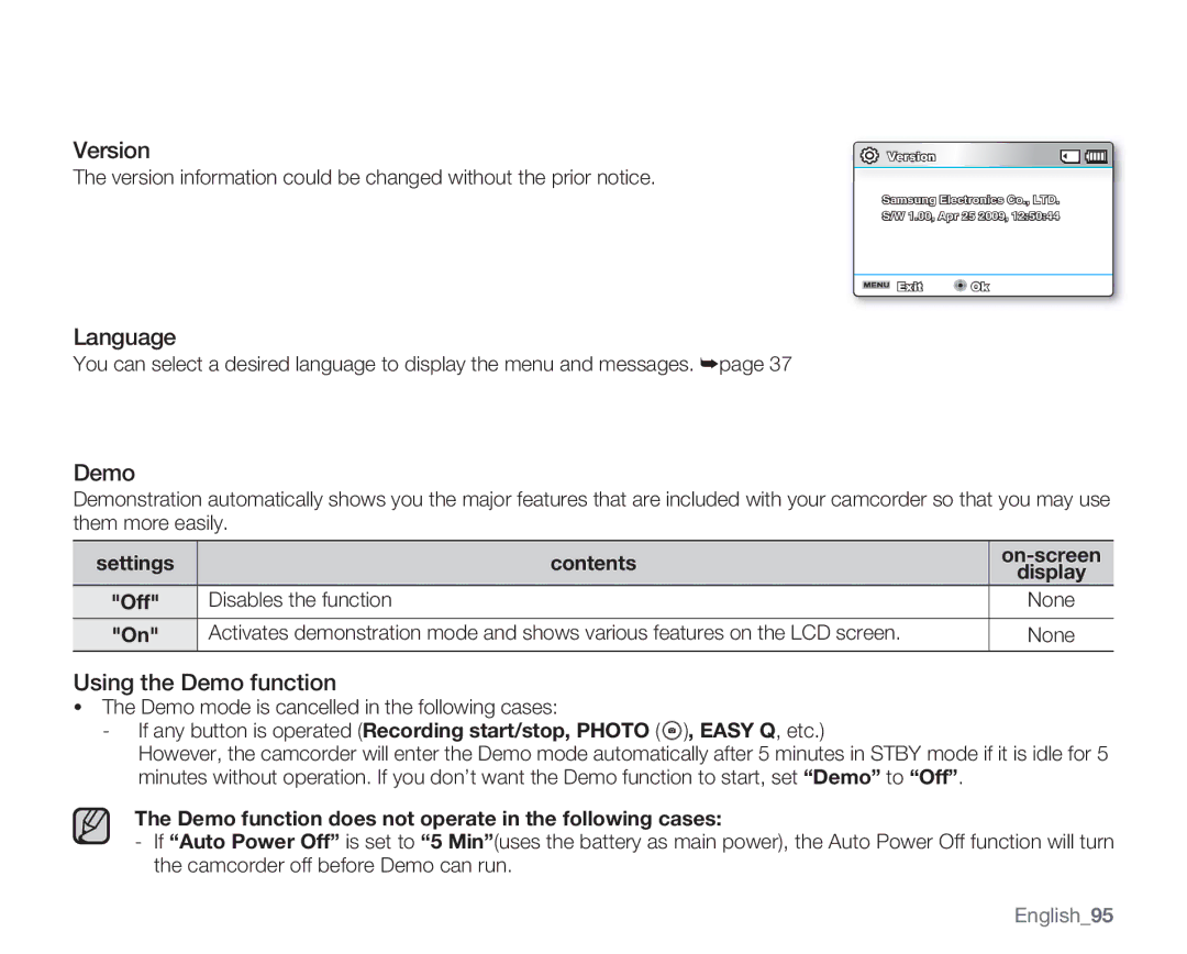 Samsung SMX-C10RP Version, Language, Using the Demo function, Demo function does not operate in the following cases 