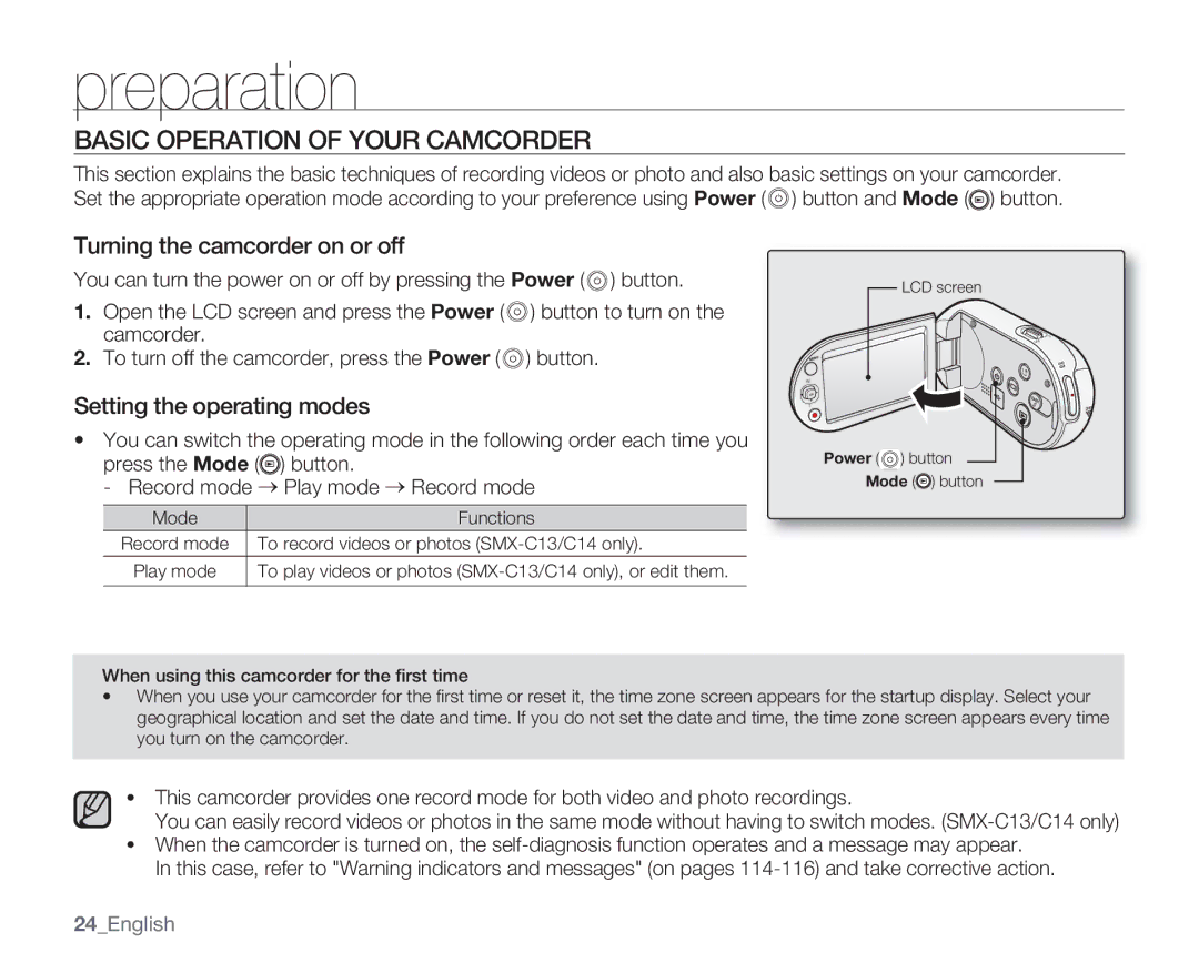 Samsung SMX-C13RP Basic Operation of Your Camcorder, Turning the camcorder on or off, Setting the operating modes 