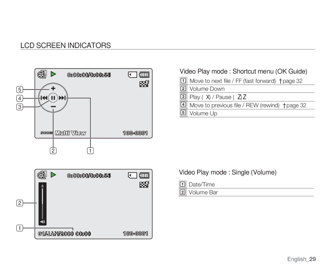 Samsung SMX-C10GP, SMX-C14RP, SMX-C14GP Video Play mode Shortcut menu OK Guide, Video Play mode Single Volume, English29 