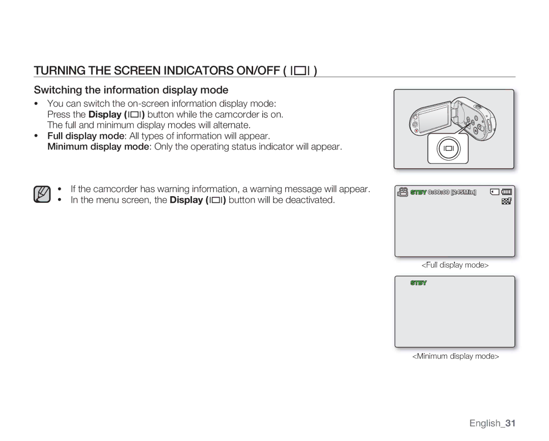 Samsung SMX-C14GP, SMX-C14RP Turning the Screen Indicators ON/OFF, Switching the information display mode, English31 