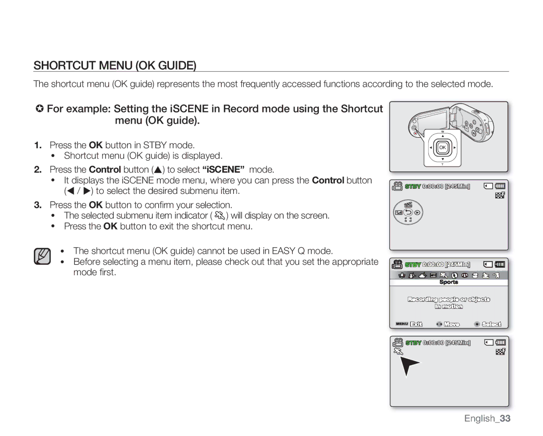 Samsung SMX-C13LP, SMX-C14RP, SMX-C14GP, SMX-C14LP, SMX-C13RP, SMX-C10RP, SMX-C13GP, SMX-C10LP Shortcut Menu OK Guide, English33 