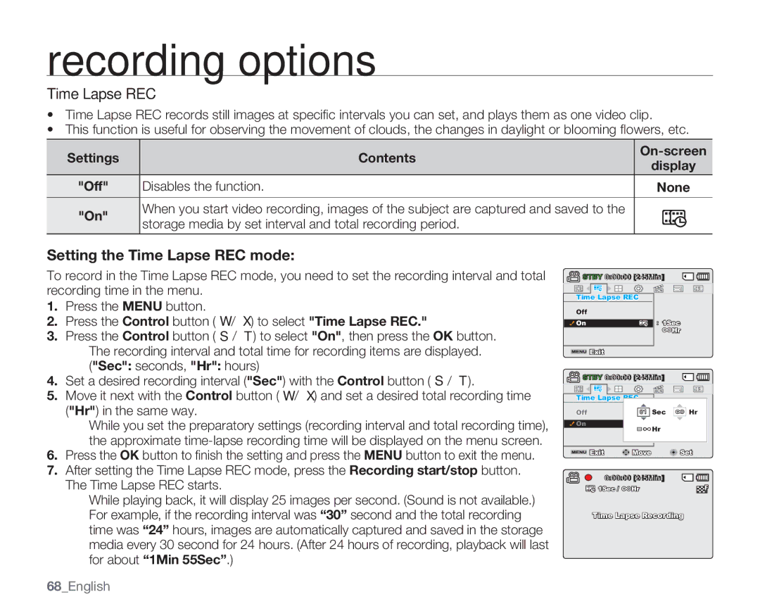 Samsung SMX-C10FP Time Lapse REC, Settings Contents On-screen, Storage media by set interval and total recording period 