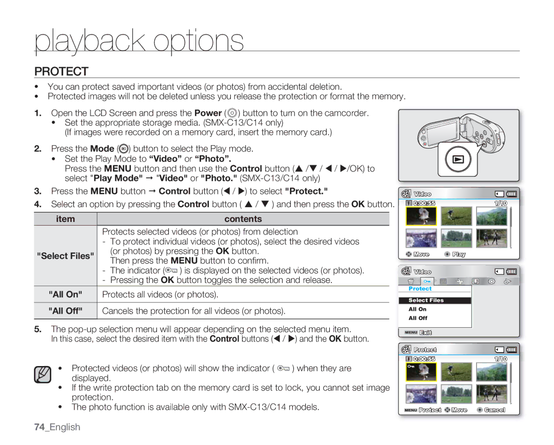 Samsung SMX-C13RP, SMX-C14RP, SMX-C14GP, SMX-C14LP, SMX-C13LP, SMX-C10RP, SMX-C13GP, SMX-C10LP, SMX-C10FP Protect, 74English 