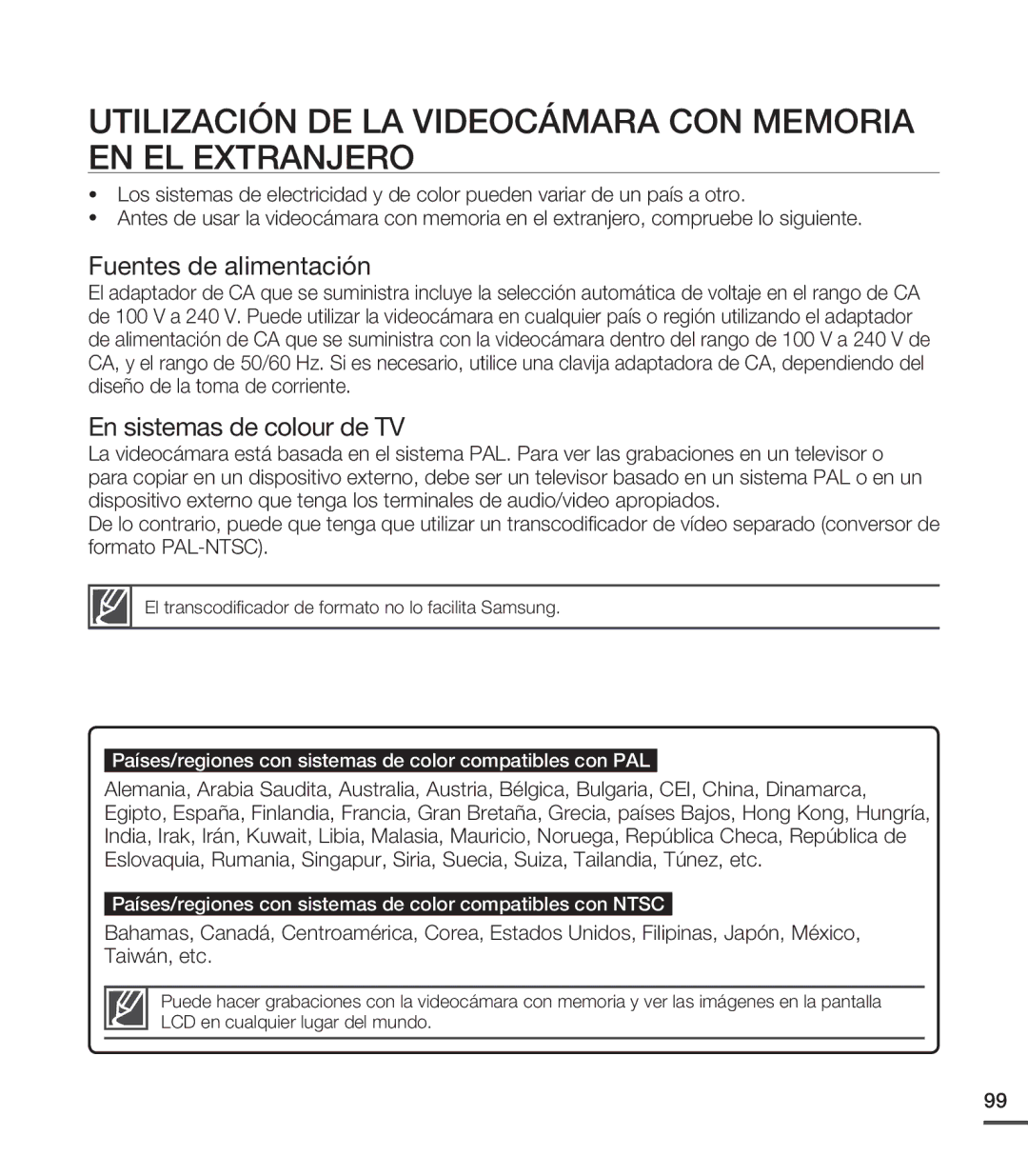 Samsung SMX-C24RP/EDC, SMX-C200LP/EDC, SMX-C20RP/EDC manual Utilización DE LA Videocámara CON Memoria EN EL Extranjero 