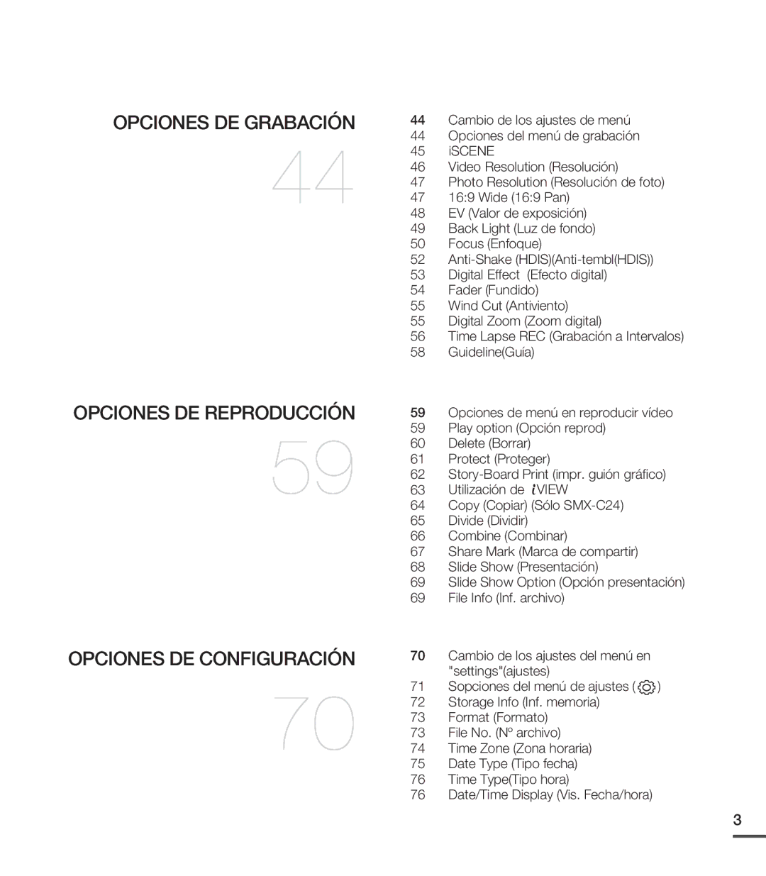 Samsung SMX-C24RP/EDC manual Cambio de los ajustes de menú, Opciones del menú de grabación, Efecto digital, Fader Fundido 