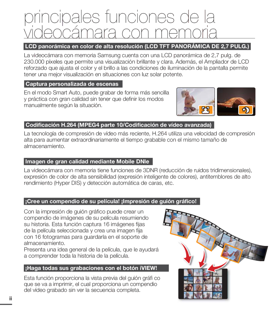 Samsung SMX-C20LN/XAA, SMX-C200LP/EDC, SMX-C20RP/EDC, SMX-C200RP/EDC Principales funciones de la videocámara con memoria 