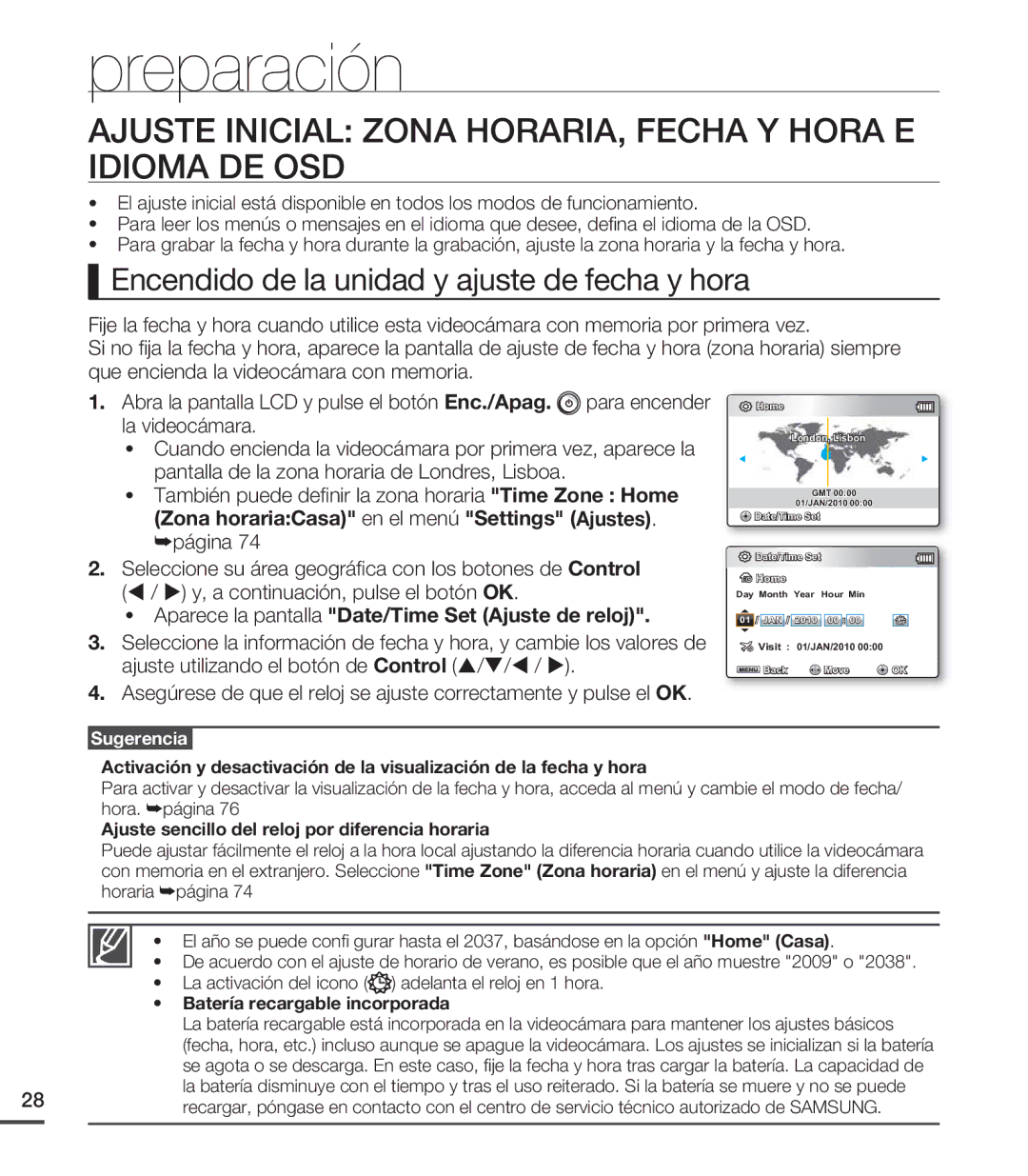 Samsung SMX-C20BP/EDC, SMX-C200LP/EDC, SMX-C20RP/EDC manual Ajuste Inicial Zona HORARIA, Fecha Y Hora E Idioma DE OSD 