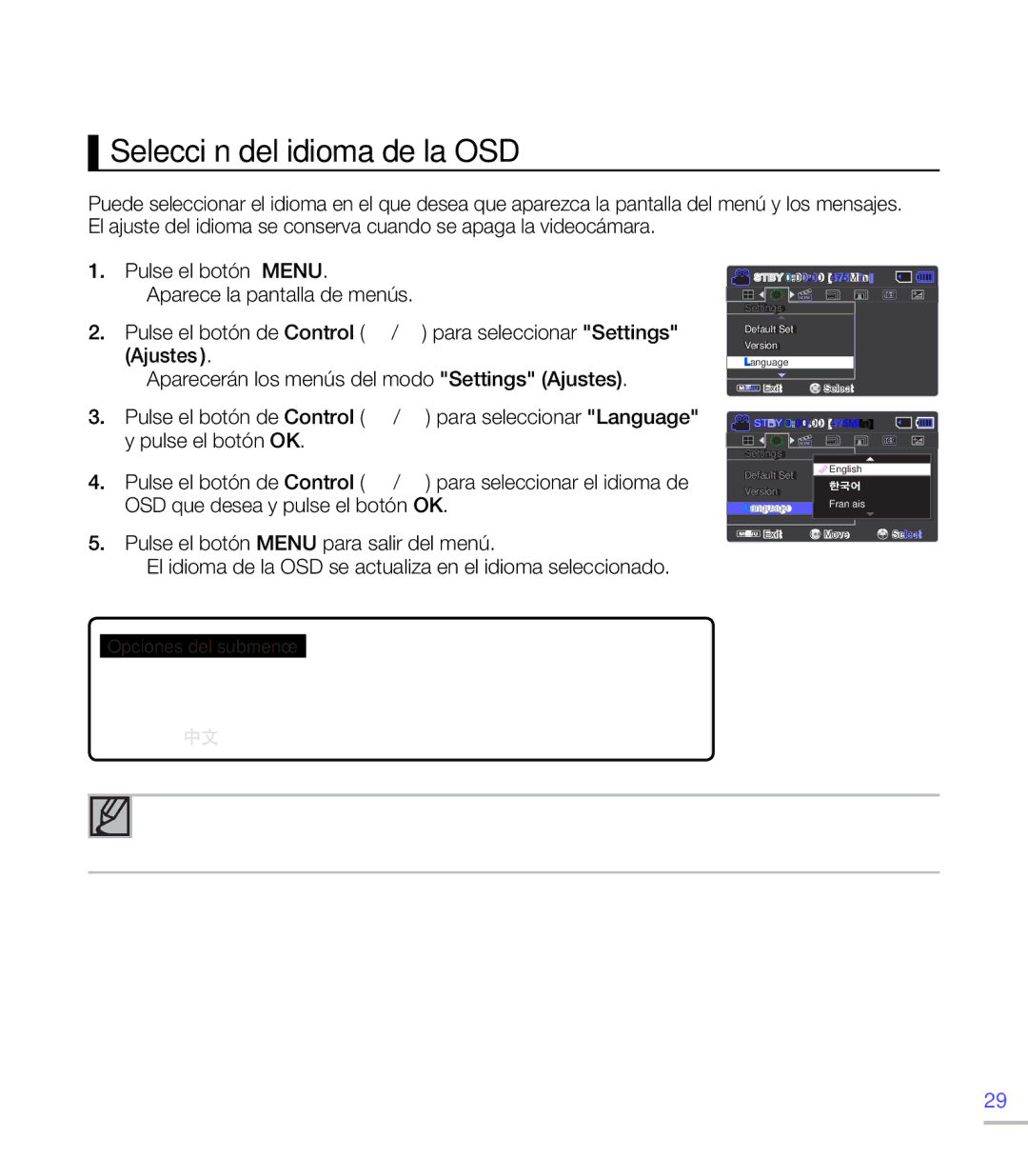 Samsung SMX-C20LP/EDC, SMX-C200LP/EDC manual Selección del idioma de la OSD, Pulse el botón OK, Para seleccionar Language 