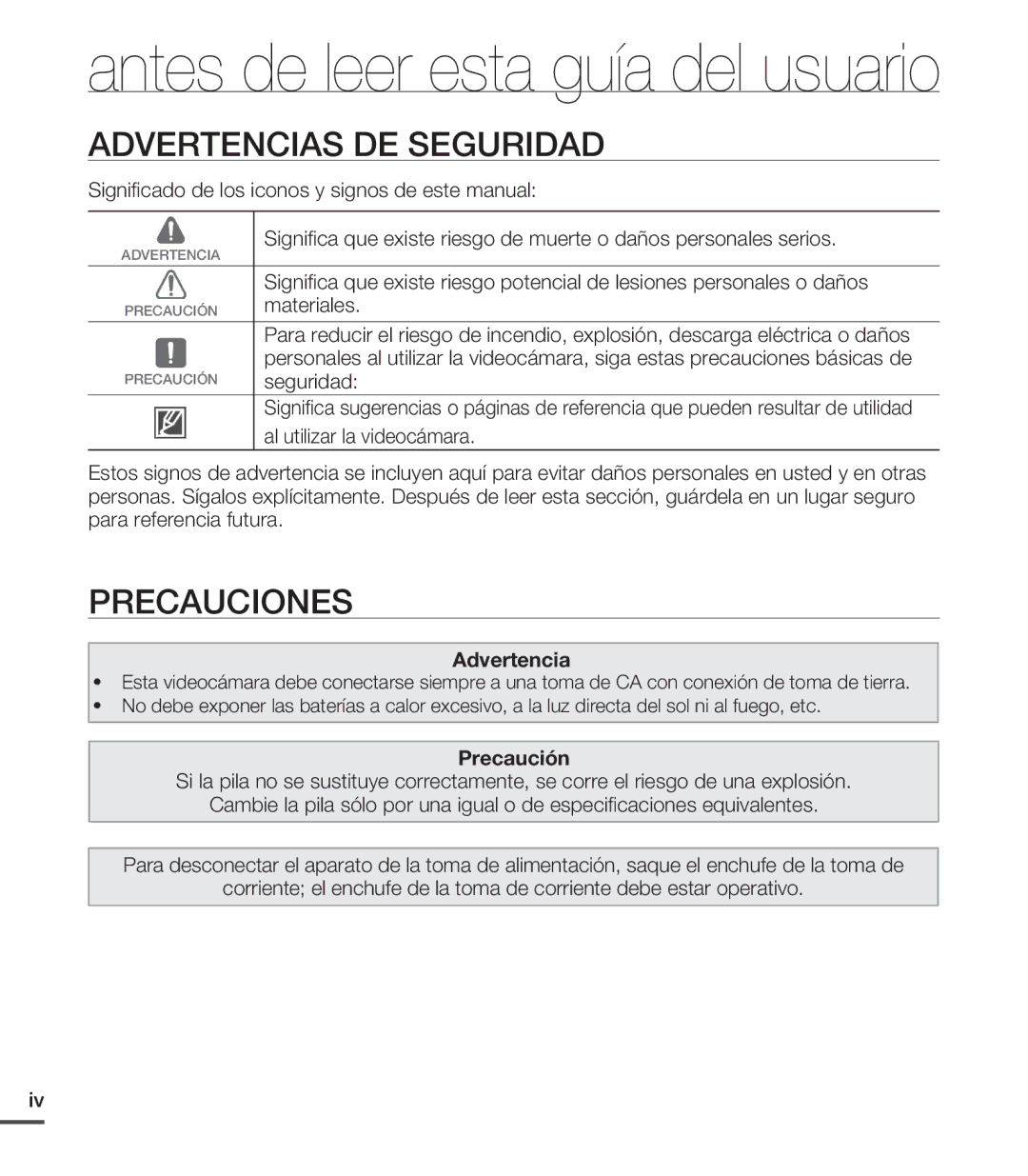 Samsung SMX-C200BP/EDC, SMX-C200LP/EDC, SMX-C20RP/EDC, SMX-C20LN/XAA Advertencias DE Seguridad, Precauciones, Precaución 