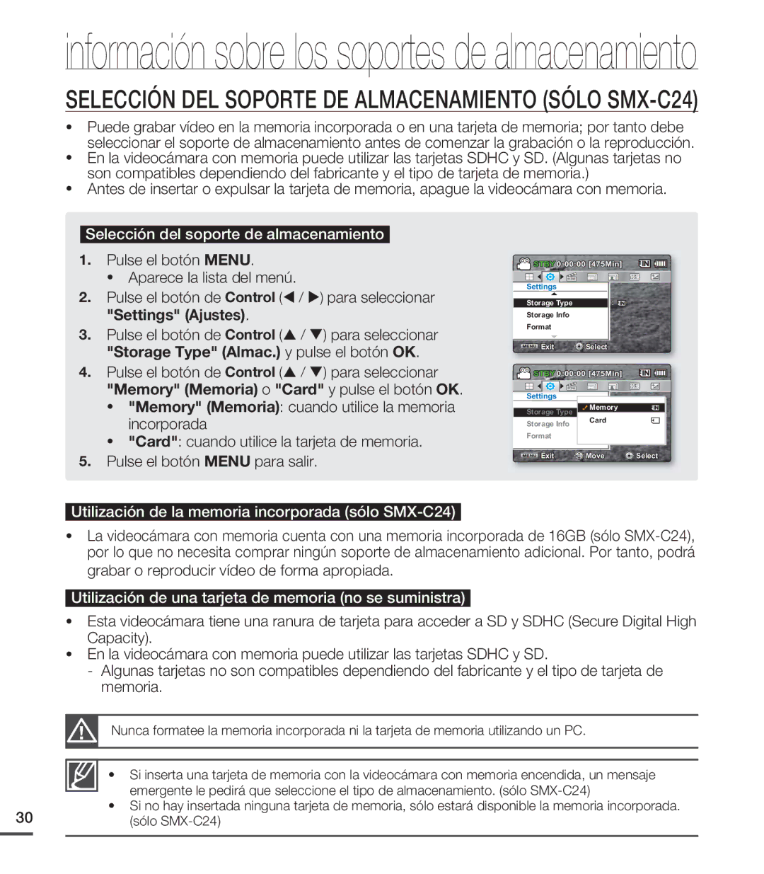 Samsung SMX-C200LP/EDC, SMX-C20RP/EDC, SMX-C20LN/XAA manual Selección del soporte de almacenamiento, Settings Ajustes 