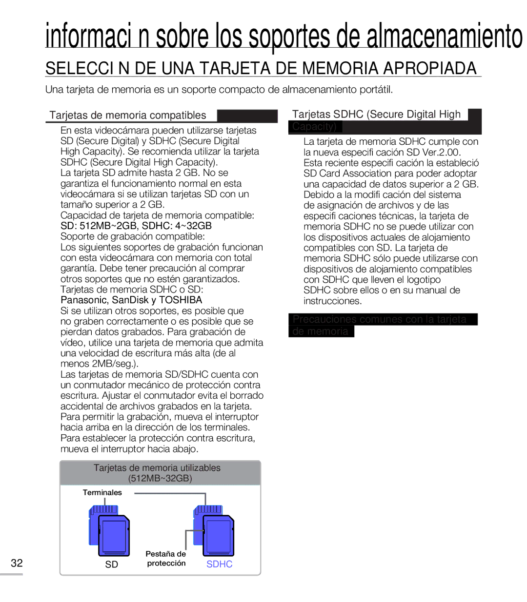 Samsung SMX-C20LN/XAA, SMX-C200LP/EDC manual Selección DE UNA Tarjeta DE Memoria Apropiada, Tarjetas de memoria compatibles 