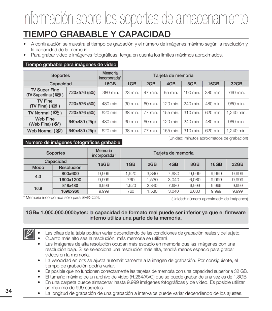 Samsung SMX-C200BP/EDC, SMX-C200LP/EDC, SMX-C20RP/EDC, SMX-C20LN/XAA, SMX-C200RP/EDC manual Tiempo Grabable Y Capacidad 