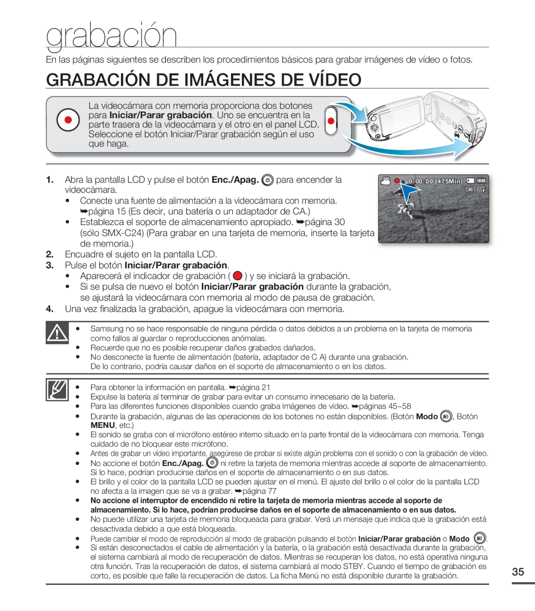 Samsung SMX-C24RP/EDC manual Grabación DE Imágenes DE Vídeo, Videocámara, Pulse el botón Iniciar/Parar grabación 