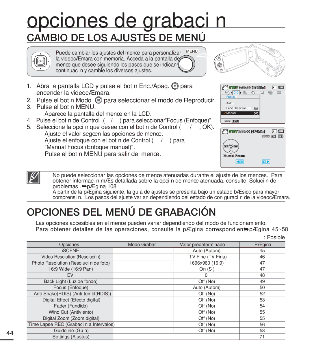 Samsung SMX-C20BP/EDC, SMX-C200LP/EDC Opciones de grabación, Cambio DE LOS Ajustes DE Menú, Opciones DEL Menú DE Grabación 