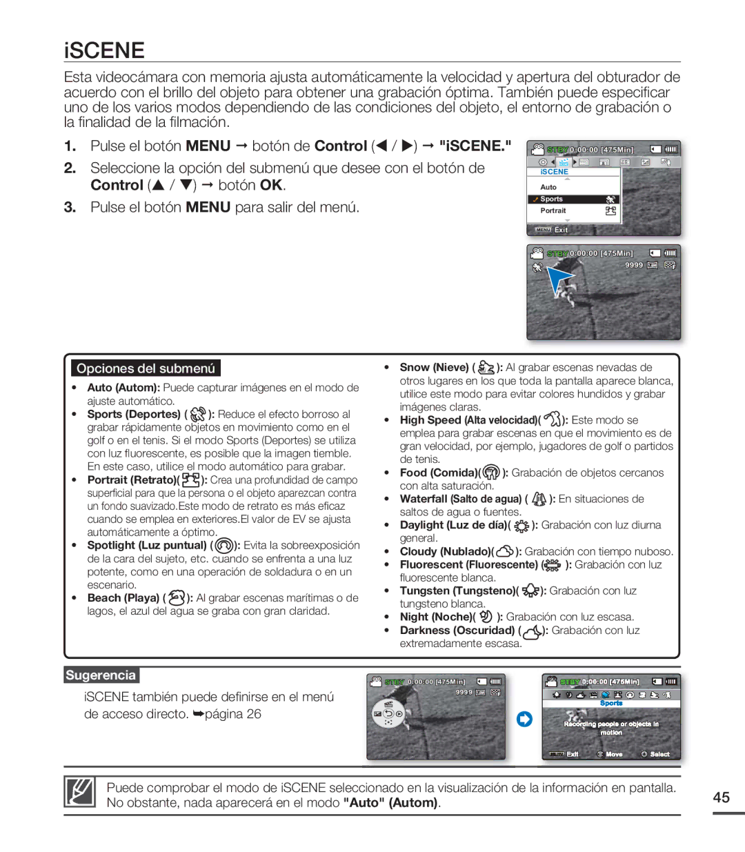 Samsung SMX-C20LP/EDC, SMX-C200LP/EDC, SMX-C20RP/EDC, SMX-C20LN/XAA Iscene, Pulse el botón Menu botón de Control / iSCENE 