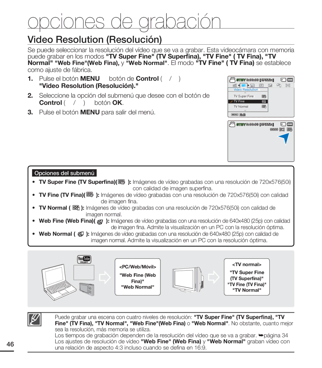 Samsung SMX-C200LP/EDC, SMX-C20RP/EDC, SMX-C20LN/XAA Video Resolution Resolución, Pulse el botón Menu para salir del menú 