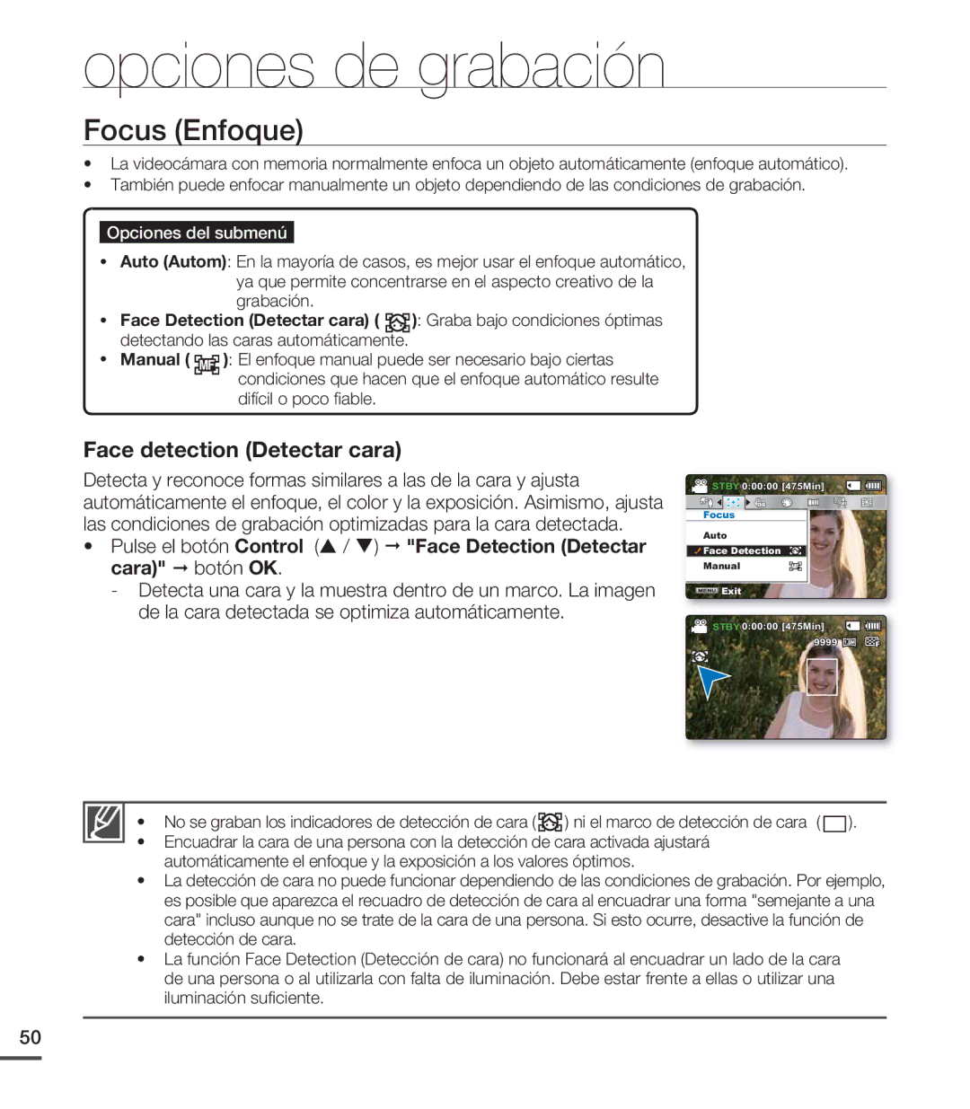 Samsung SMX-C200BP/EDC, SMX-C200LP/EDC, SMX-C20RP/EDC, SMX-C20LN/XAA manual Focus Enfoque, Face detection Detectar cara 