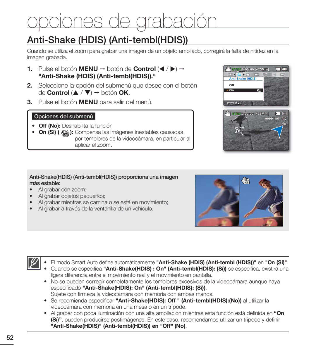 Samsung SMX-C20BP/EDC, SMX-C200LP/EDC, SMX-C20RP/EDC, SMX-C20LN/XAA, SMX-C200RP/EDC manual Anti-Shake Hdis Anti-temblHDIS 