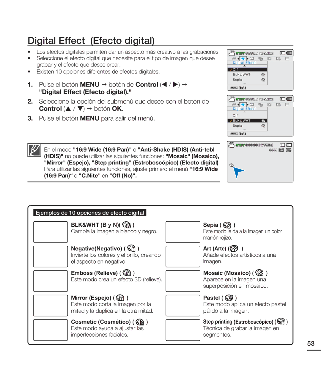 Samsung SMX-C20LP/EDC, SMX-C200LP/EDC, SMX-C20RP/EDC, SMX-C20LN/XAA, SMX-C200RP/EDC manual Digital Effect Efecto digital 