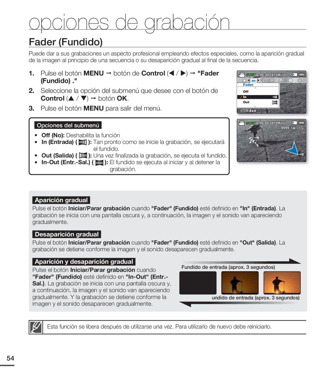 Samsung SMX-C200LP/EDC, SMX-C20RP/EDC, SMX-C20LN/XAA manual Fader Fundido, Pulse el botón Menu botón de Control / Fader 