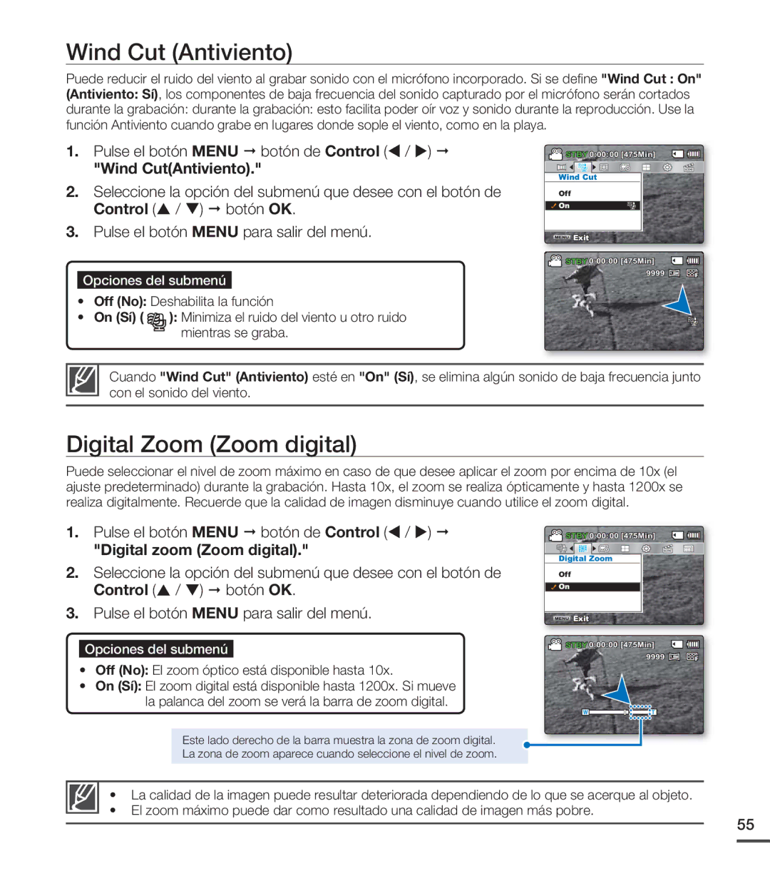 Samsung SMX-C20RP/EDC manual Wind Cut Antiviento, Digital Zoom Zoom digital, Wind CutAntiviento, Digital zoom Zoom digital 