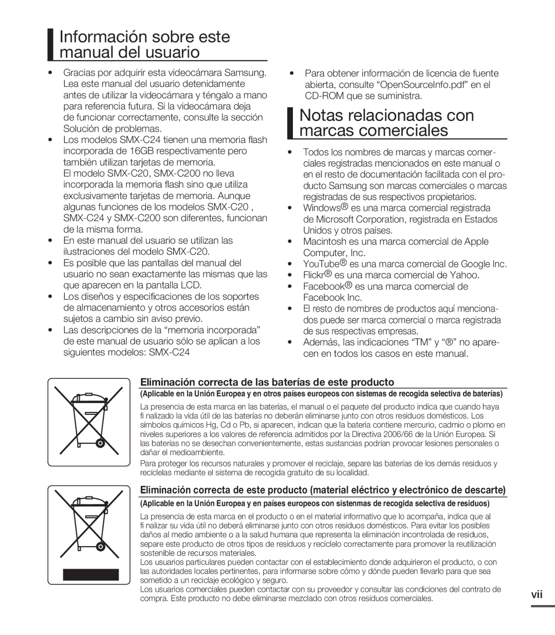 Samsung SMX-C20LP/EDC Información sobre este manual del usuario, Notas relacionadas con marcas comerciales, Vii 